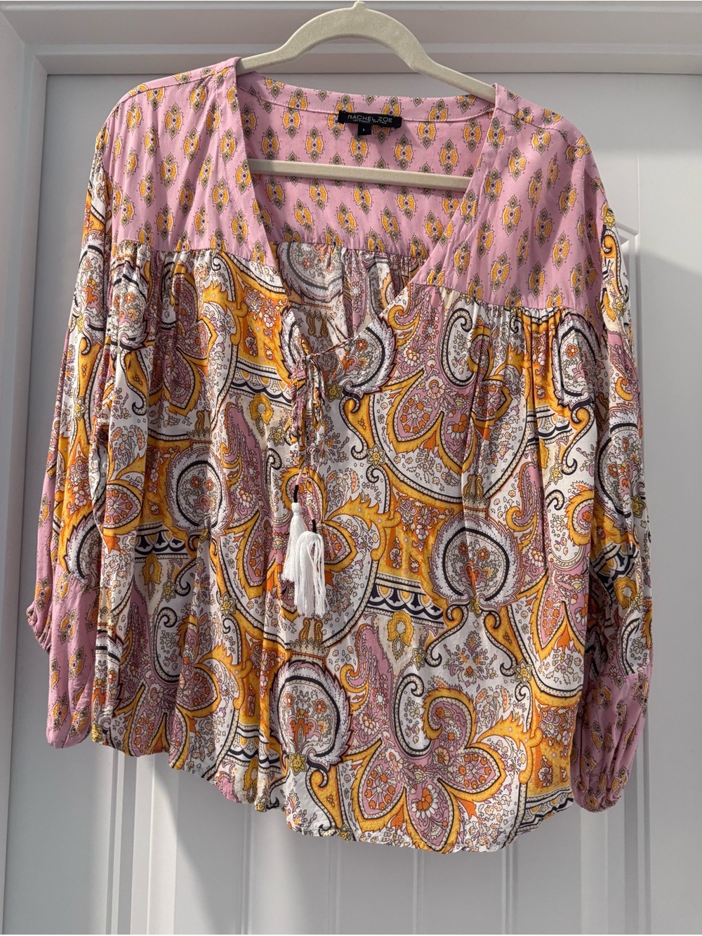Rachel Zoe Pink & Yellow Paisley Boho Tie-Front Blouse